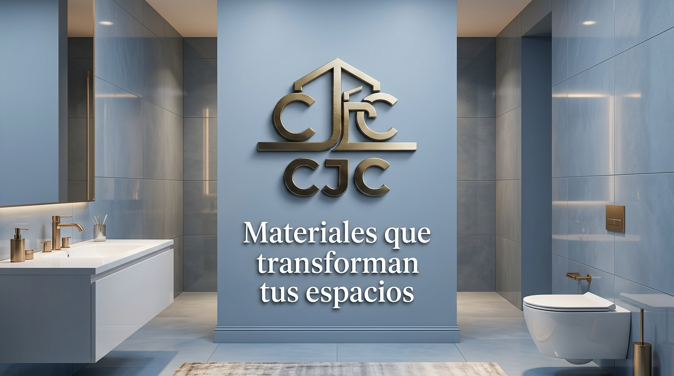 Showroom de baño elegante en tonos azul acero con grifería dorada y logo CJC, porcelanatos, pisos y piezas sanitarias premium