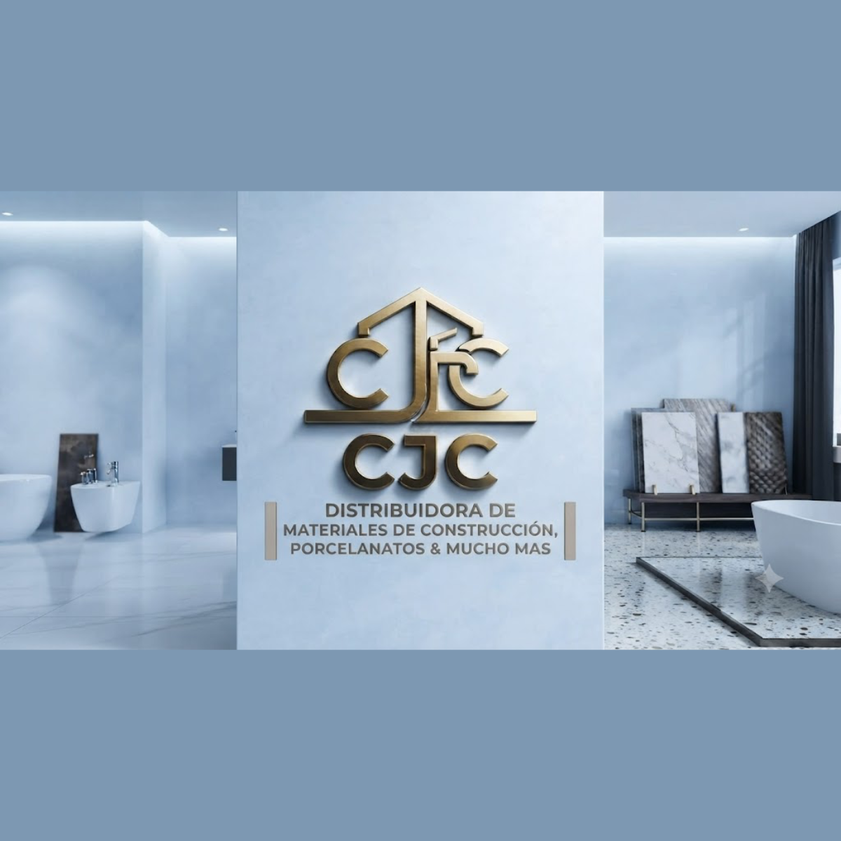 Interior con logo CJC en pared, ambiente de baño elegante con porcelanatos